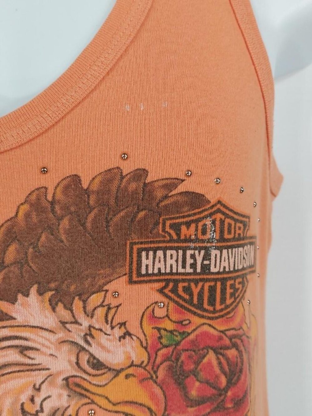 Vtg Y2k Harley Davidson Women's Bedazzled Orange Tank Top Eagle Flame Roses Sz M - Picture 6 of 8